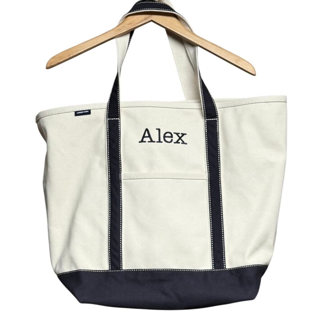 Lands End Large Open Top Canvas Boat Tote Bag Navy Blue Handles Monogram Alex